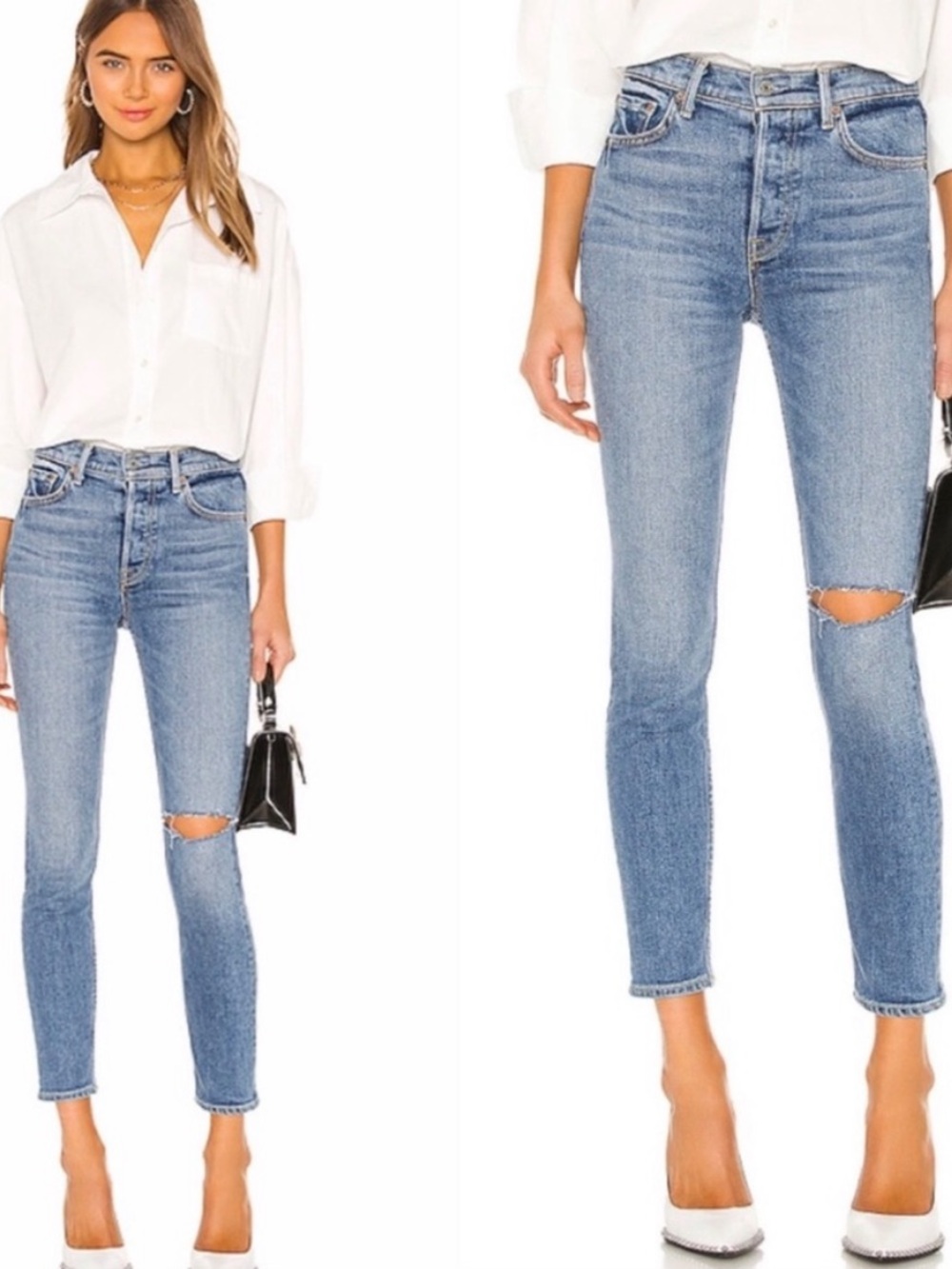 GRLFRND Karolina Not Me High Rise Button Fly Skinny Leg Distressed Cropped Jeans